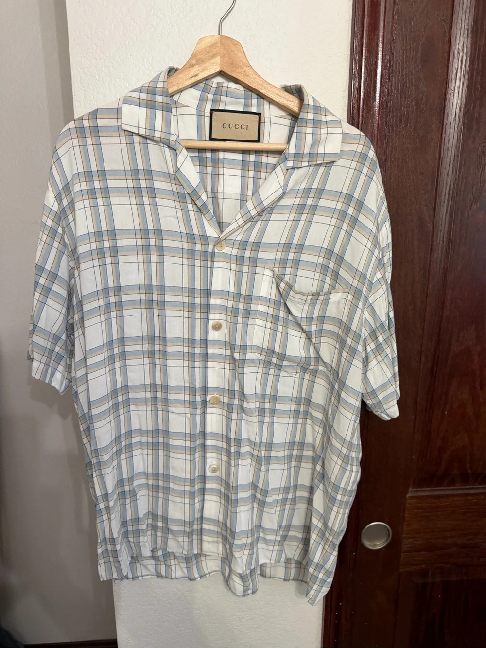 Gucci Plaid Short-Sleeve Button-Up in Light Blue and Cream